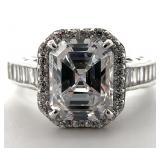 Sterling Emerald Cut Halo Clear Stone Ring, Sz 5