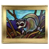 Original Colorful Racoon Painting, Signed Chris