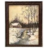 Vintage Rural Cabin Landscape Watercolor, Signed