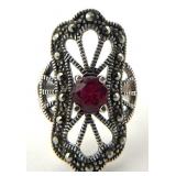 Sterling Silver Marcasite Pink Stone Filigree