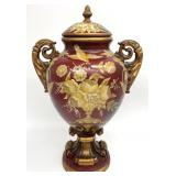 Ornate Painted Red Floral Pottery Urn