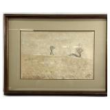 Vintage Hayfield, Farmhouse, Windmill Drawing
