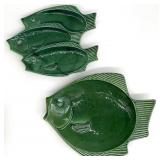 2 Vintage Lefton Green Pottery Fish Serving Dishes
