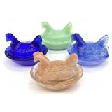 4 Miniature Glass Hens on Nests