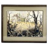Rural Home Landscape Watercolor Painting, Signed