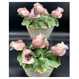 2 Capodimonte Italian Porcelain Roses in Basket