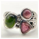 Signed Sterling Silver Garnet & Peridot Ring, Sz 7