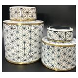 2 Blue & White Brass Trimmed Ceramic Jars