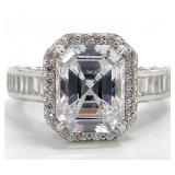Sterling Emerald Cut Halo Clear Stone Ring, Sz 5