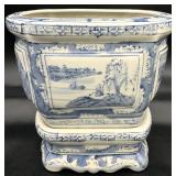 Chinoiserie Blue & White Jardiniere on Stand