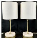 Pair Modern Gold Stick Marble Base Lamps w/ USB