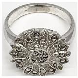 Signed Sterling Silver Marcasite Floral Ring, Sz 7