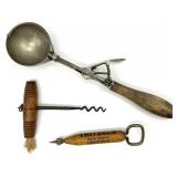 Vintage Ice Cream Scoop, Corkscrew & Bottle