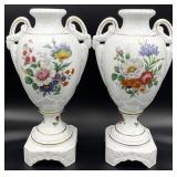 2 German Porcelain Floral Pedestal Urn Vases
