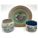 3pc Signed Art Pottery Bowls & Candle Holder