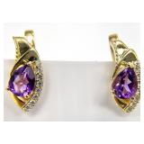 Gold Tone Sterling Amethyst & CZ Earrings