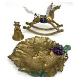 Vintage Brass Leaf Dish, Rocking Horse & Bear