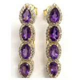 Gold Tone Sterling Amethyst & CZ Drop Earrings
