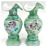 2 Fenton Spruce Green Overlay Iridized Vases
