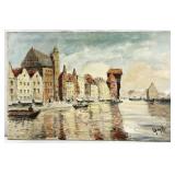 Oil Painting, European Cityscape, Gdansk Crane,