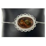 Amber Stone & Sterling Silver Filigree Bracelet