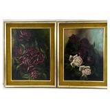 2pc Antique Floral Oil Paintings, Framed