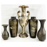 5pc Asian Etched Brass & Asst Brass Vases