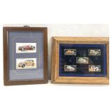 2 Framed Vtg Motor Cars Trade Cards & Stamp Pins