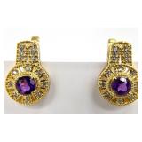 Gold Tone Sterling, Amethyst & CZ Earrings