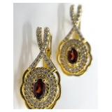 Gold Tone Sterling, Garnet & CZ Earrings