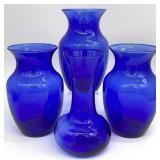 4 Cobalt Blue Glass Vases