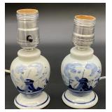 2pc Delft Blue & White Windmill Pottery Lamps