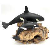 John Perry Orca Whale & Baby on Burl Wood