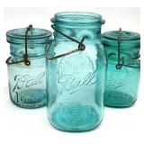 3 Vintage Ball Aqua Glass Canning Jars