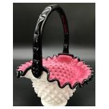 Fenton Glass Black Rose Crest Hobnail Basket
