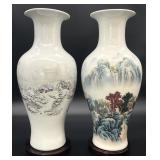 2 Chinese Porcelain Landscape Vases on Stands