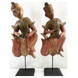 2 Vintage Carved Wood Thai Musician Sculptures