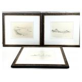 3pc Signed Seascape Pencil Drawings, Custom Frames