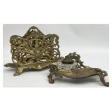 Art Nouveau Style Brass Inkwell & Letter Holder