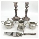 6pc Silverplate Candlesticks, Tin Pieces & More
