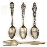 4pc Art Deco Sterling Silver Teaspoons & Fork