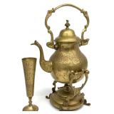 Antique Solid Brass Spirit Kettle on Stand w/ Cup