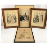 4pc Antique Hand Colored French Fashion Engravings