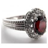 Sterling Silver Garnet & CZ Ring, Sz 6.5