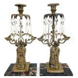 2 Antique Victorian Brass, Crystal & Marble