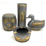 Vintage Chinese Pewter & Brass Tobacco Jar & More