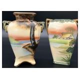 2 Nippon Hand Painted Japanese Landscape Vases