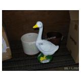 porch goose and 2 flower pots
