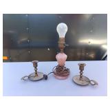 Pink Glass Lamp + Brass Finger Candlesticks
