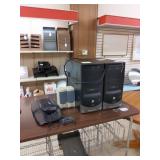 2 computer desk tops, keyboard, mouse, speakers